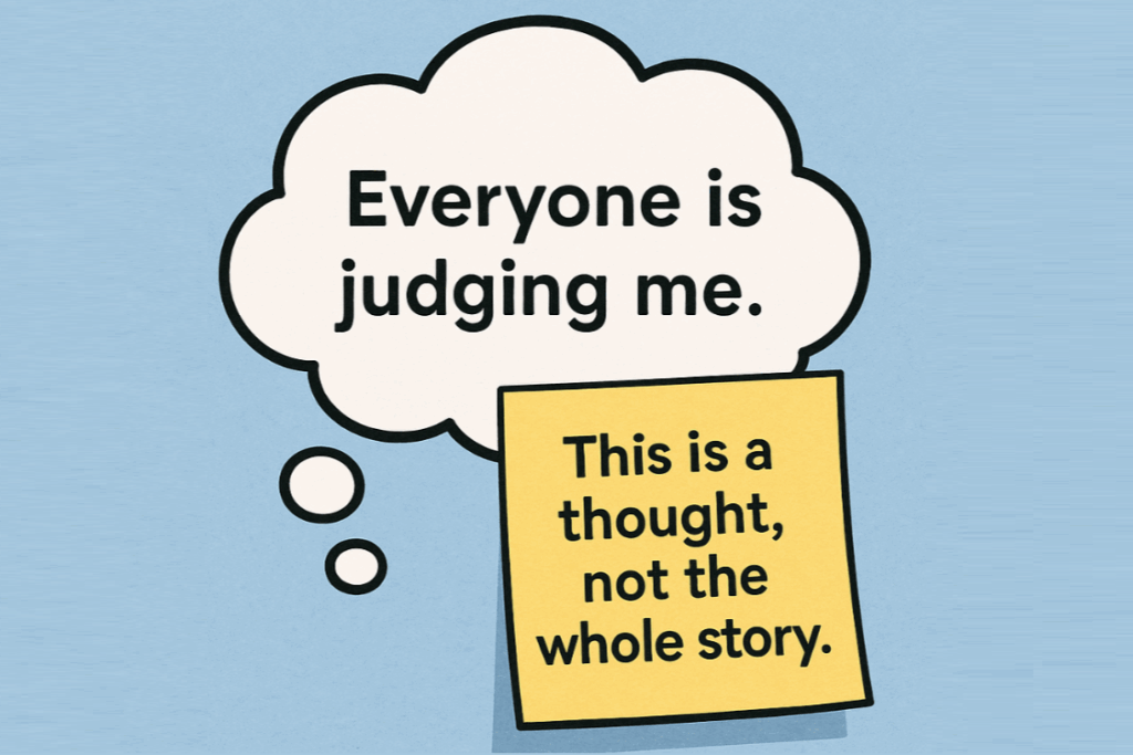 thought bubble that says "everyone is judging me" and sticky note that says "this is a thought, not the whole story"